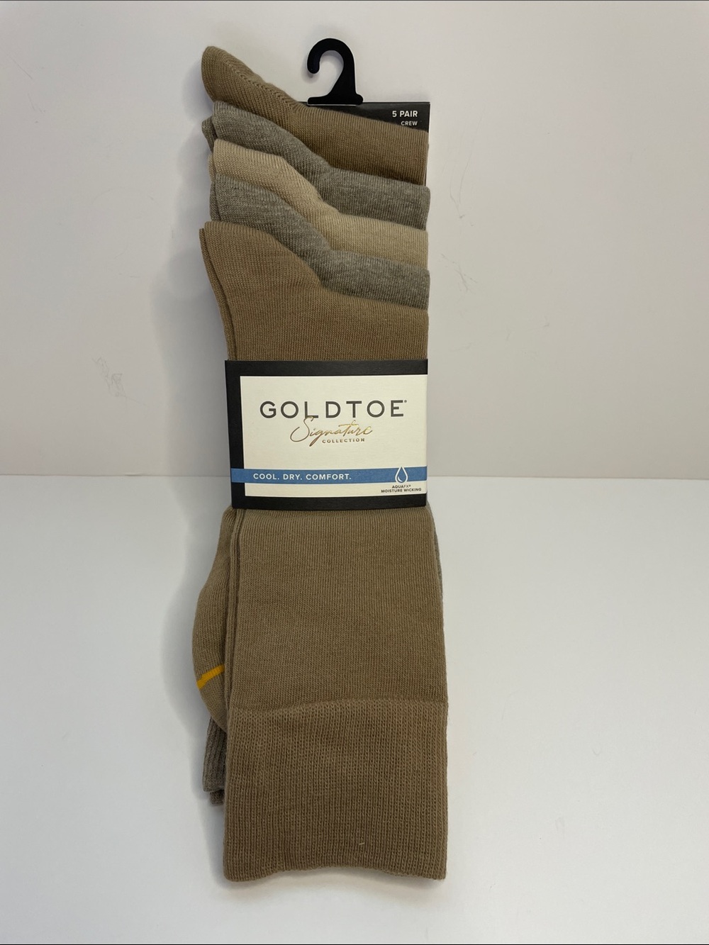 NWT Gold Toe Men's 5-Pack Crew Socks.  Tan, Light Gray & Brown Mix